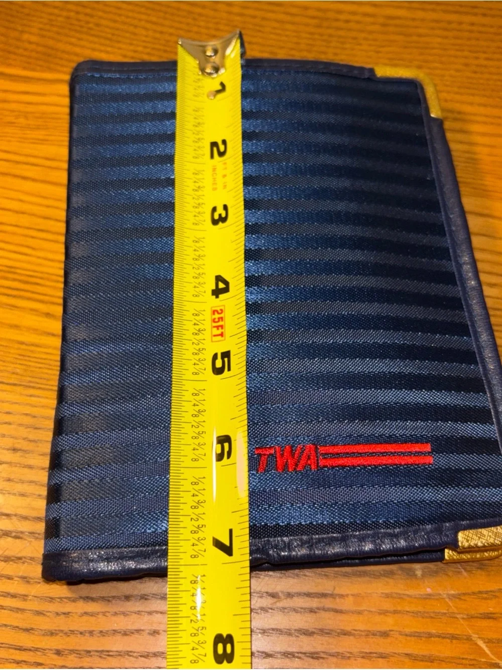 Navy Stripe Passport Holder with Red Logo and Gold Corners TWA